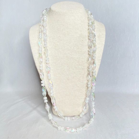 Ultra Long Opera Necklace Clear AB Lucite Long and Rondelle Beads - Picture 2 of 8